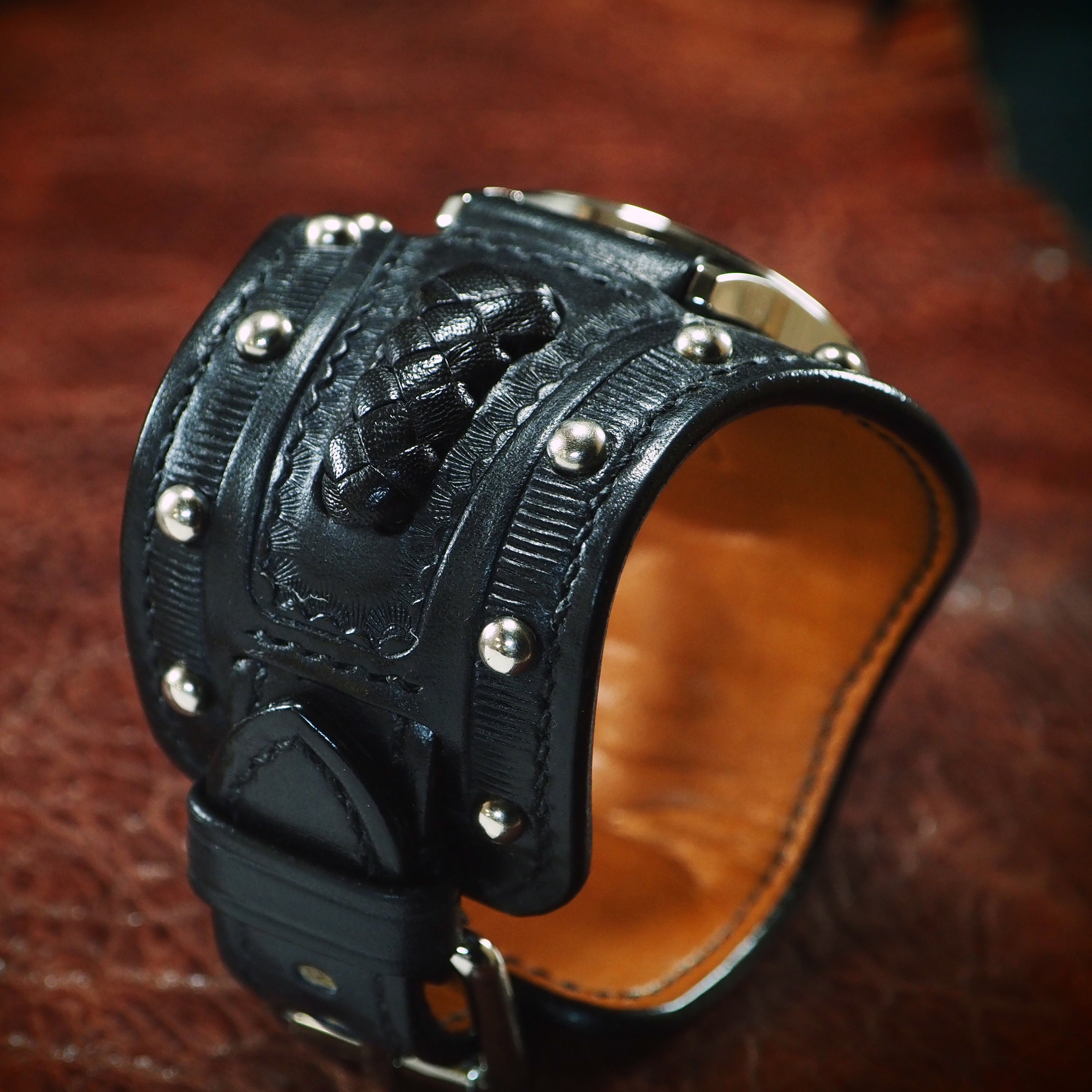 Black Leather cuff watch : FM Quartz watch, Studded, handstitched ...