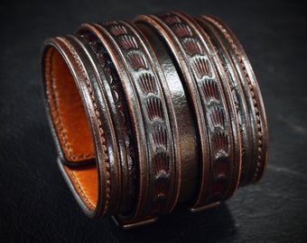 Handstitched Brown Leather Wrist Cuff: Wide Western Style Bracelet