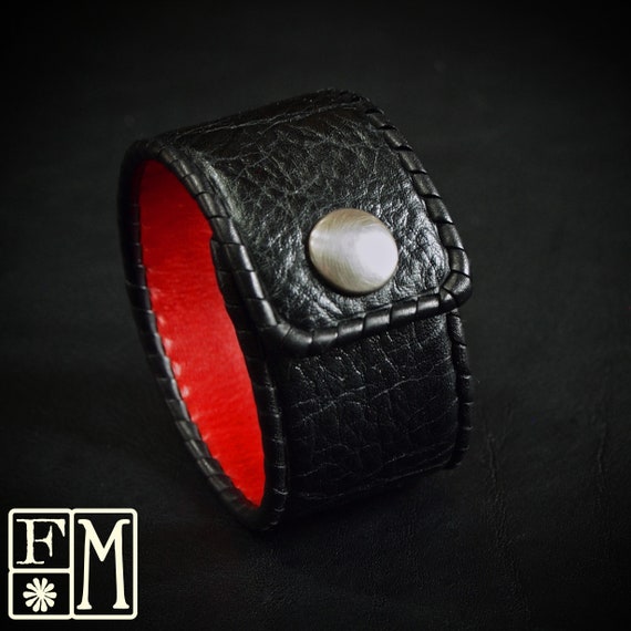 Leather cuff bracelet Black soft cowhide with Red lining Hand Laced Made for YOU in New York by Freddie Matara
