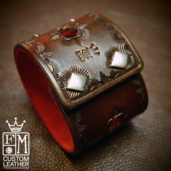 Leather cuff Bracelet Hand Tooled Walnut brown with Red suede lining Made for YOU in New York by Freddie Matara!