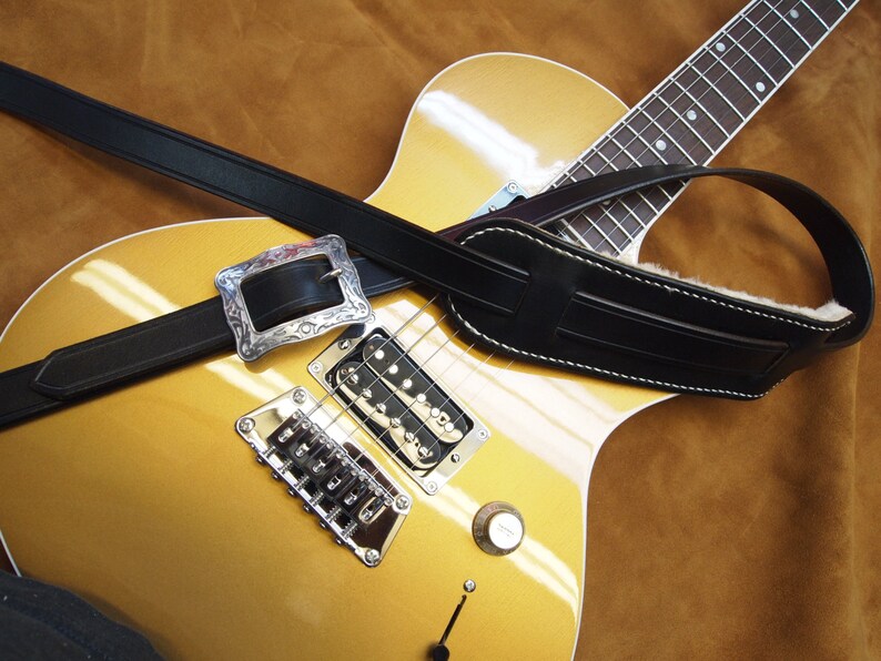Black Leather Guitar Strap Skinny Retro Style Black Bridle Etsy