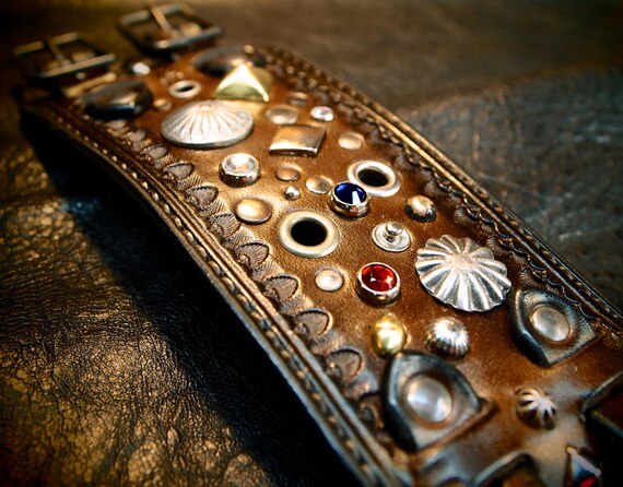 Leather cuff Bracelet Brown Jeweled, studded, stamped, Pirate Treasure cuff made for YOU in USA by Freddie Matara!