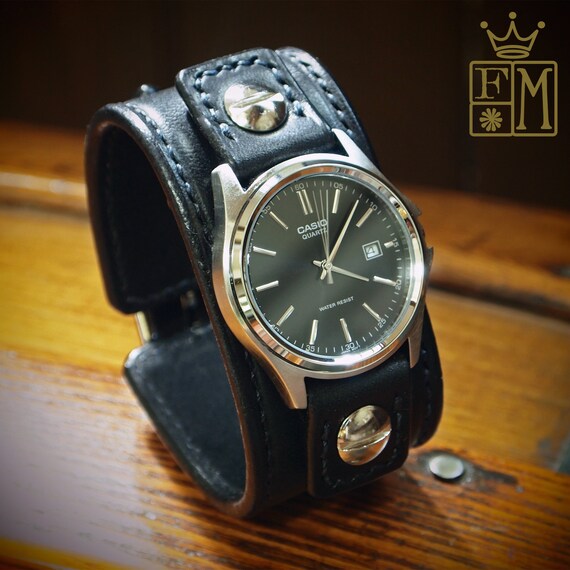 Leather cuff Watch -Vintage black bridle leather handstitched watch band with Casio watch custom made for YOU in Brooklyn NY