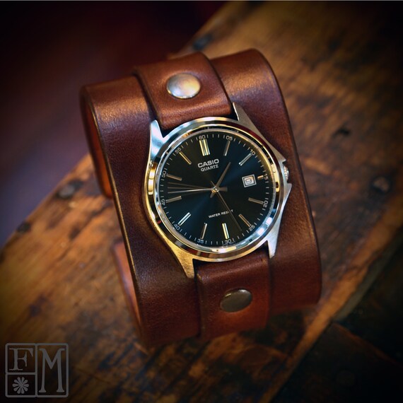 Leather cuff watch Brown Veg-tan leather Unisex vintage style watch Handmade for YOU in USA by Freddie Matara!