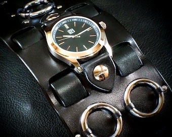 Black Leather cuff watch: Elvis 68 comeback special! Wide, Slick vintage style!