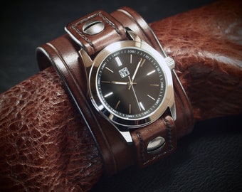 Brown Leather cuff Watch : Brown bridle leather wristband/watchband. Mens gift ; Made in New York!