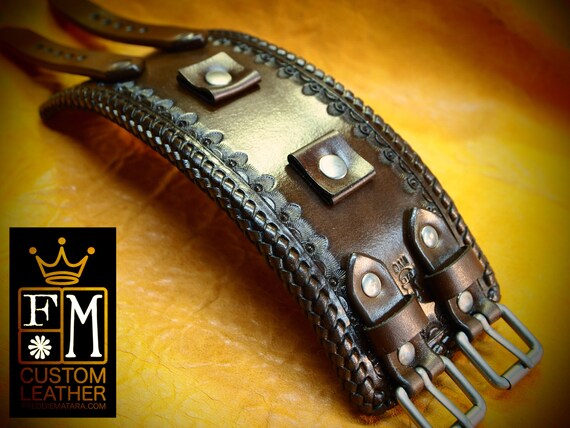 Brown Leather cuff watch band : Vintage style, western stamped Rich Brown watchband - Fine quality! Made for YOU in USA by Freddie Matara