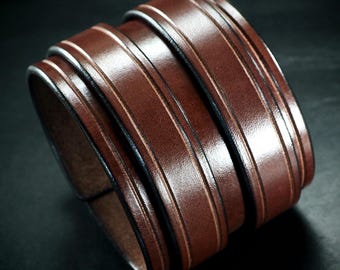 Brown Leather Cuff Bracelet: Double Strap Bridle Leather, Custom Made