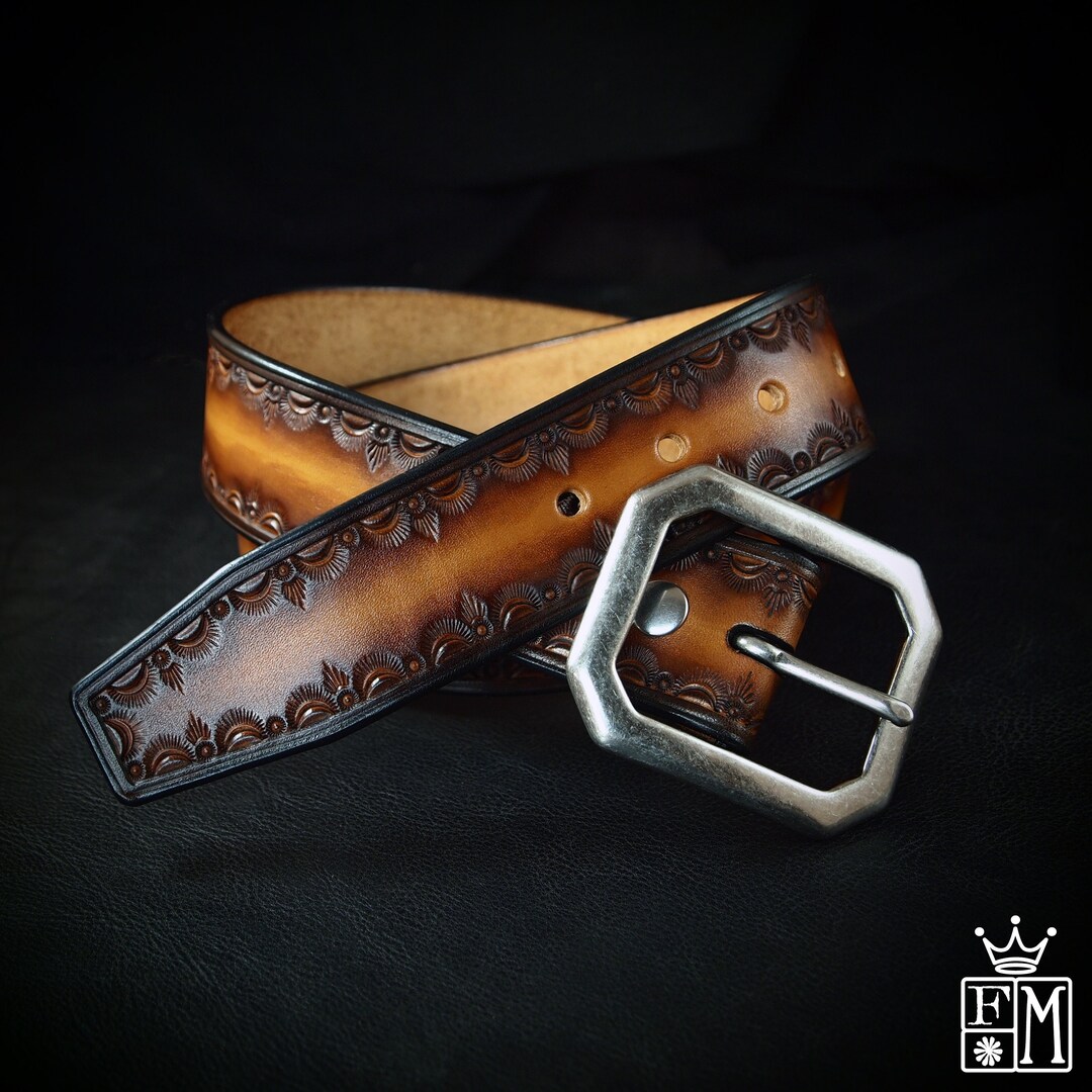 Brown Leather Belt : Hand Tooled Cowboy/western/native Border. Custom ...