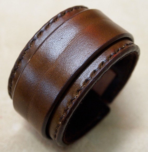 Brown Leather wristband : Cuff Bracelet hand stitched suede lined custom crafted for You in USA
