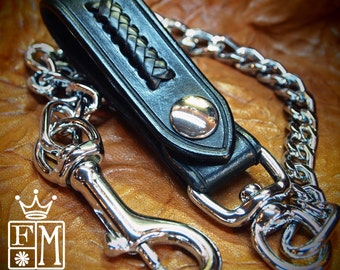 Black Leather wallet chain : Leather belt loop braided with Kangaroo lace. 20" Flat link chain!