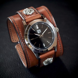 Rich Tan leather Cuff Watch, Tuscan leather, vegetable tanned, Freddie Matara New York