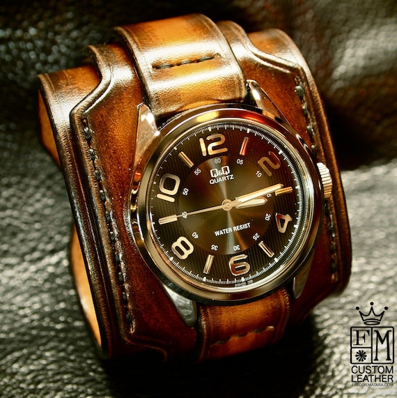 Leather cuff watch Brown Tobacco sunburst wide layered Brown watch band cuff Bracelet Handmade for YOU in New York by Freddie Matara