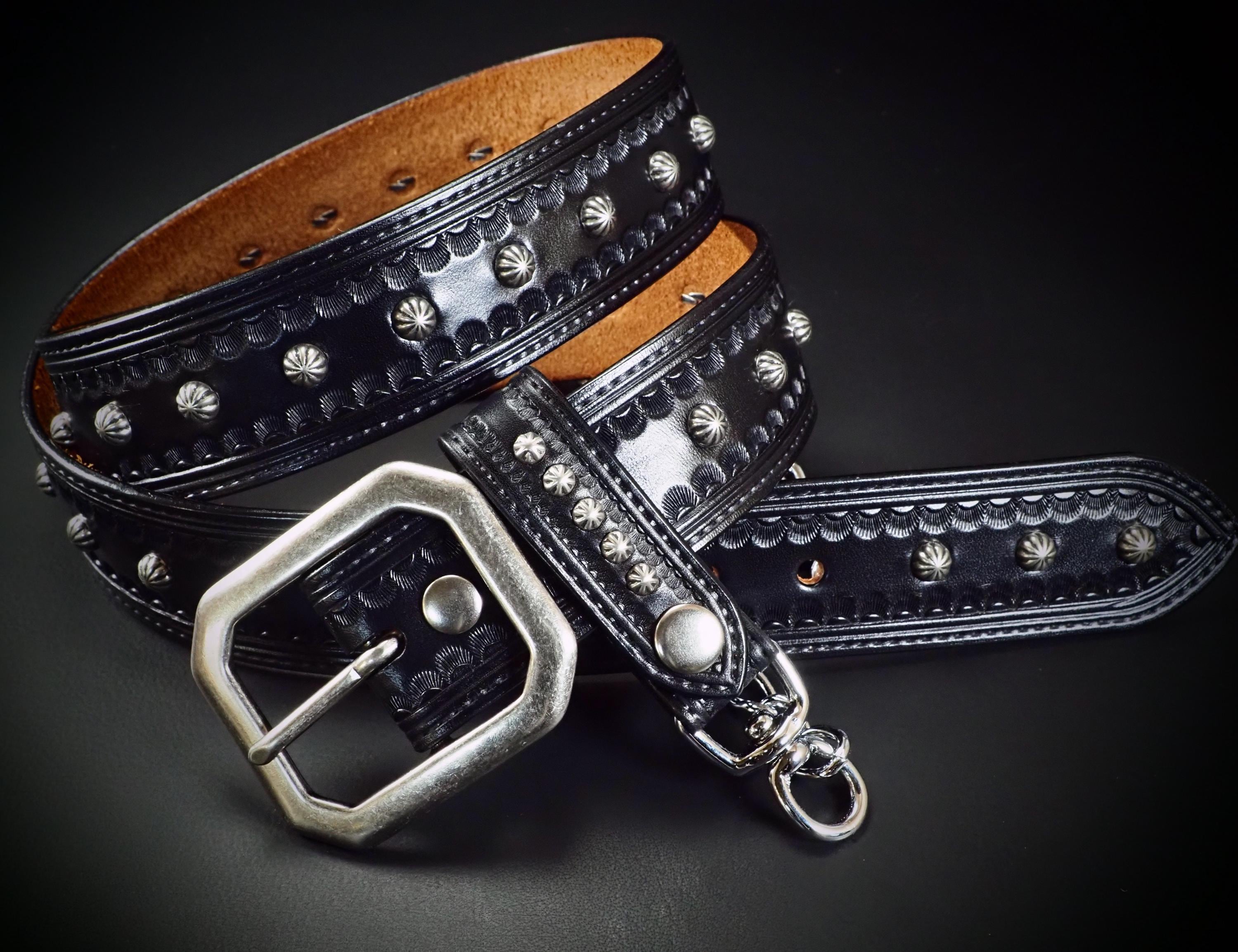 Black Leather Studded Belt and Wallet Chain : Hand Tooled