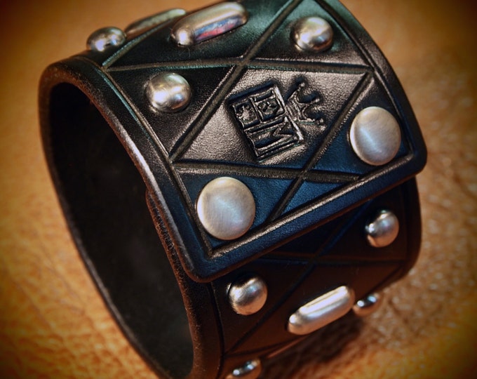 Black Leather cuff : Studded Bracelet with Diamond pattern. Custom Made for YOU in New York by Freddie Matara