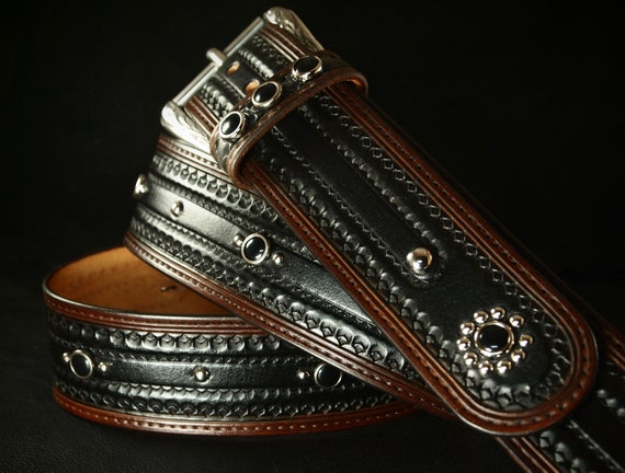 Black Leather Vintage Guitar strap : Hand tooled, Black Vintage Studs Sophisticated Rockstar Style!  Handmade in New York