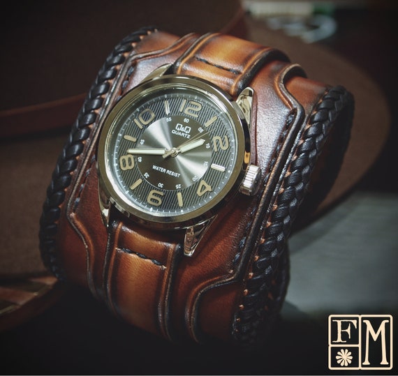 Leather cuff watch Tobacco sunburst wide layered laced edge Brown watch band cuff Bracelet Handmade for YOU in New York by Freddie Matara