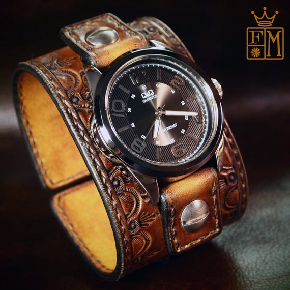 Leather cuff Watch Vintage sunburst leather watchband - handstitched brown leather watch band Made for YOU in New York by Freddie Matara