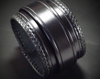 Black Leather Cuff Bracelet: Braided Kangaroo Lace Edge, Handmade in USA