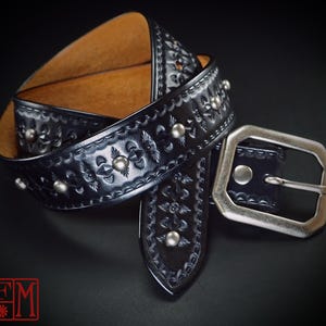 Black Leather studded Belt:  Hand Tooled Vintage style Modern western. Custom made in NewYork!