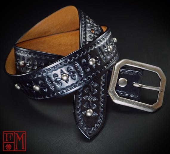 Black Leather Studded Belt: Hand Tooled Vintage Style Modern  display picture 1