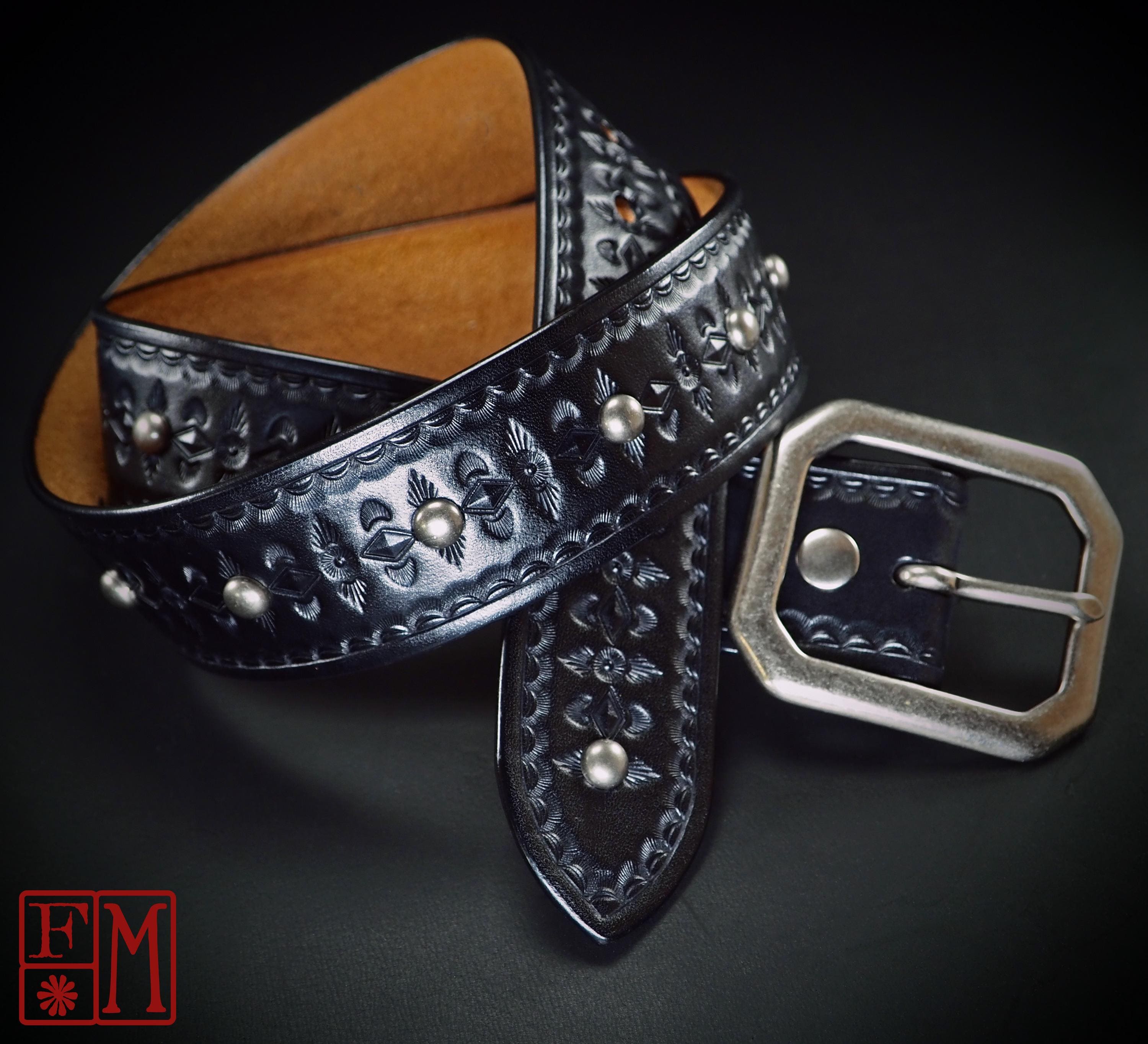 Black Leather Studded Belt: Hand Tooled Vintage Style Modern