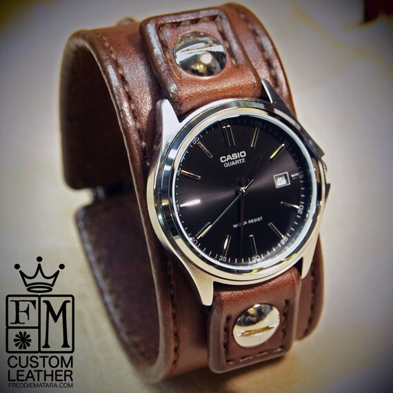 Leather cuff Watch -Brown bridle leather handstitched watch band with Casio watch custom made for YOU in Brooklyn NY