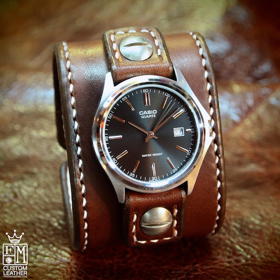 Leather cuff Watch -Vintage brown bridle leather handstitched watch band with Casio watch custom made for YOU in NY USA