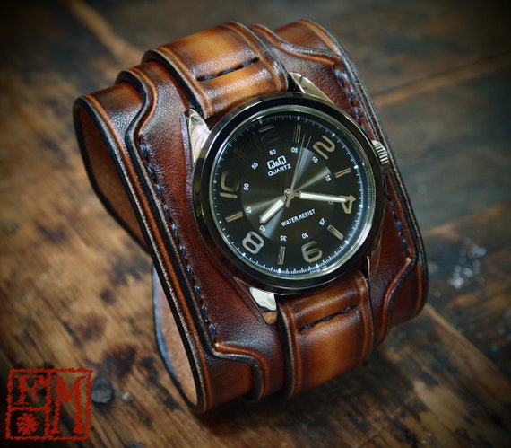 Leather cuff watch Burnt sunburst wide layered Brown watch band cuff Bracelet Handmade for YOU in USA by Freddie Matara