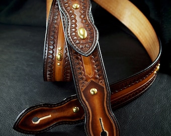 Sunburst Brown Leather Guitar Strap : Cowboy Rockstar Vintage Style. Handmade in USA by Freddie Matara!