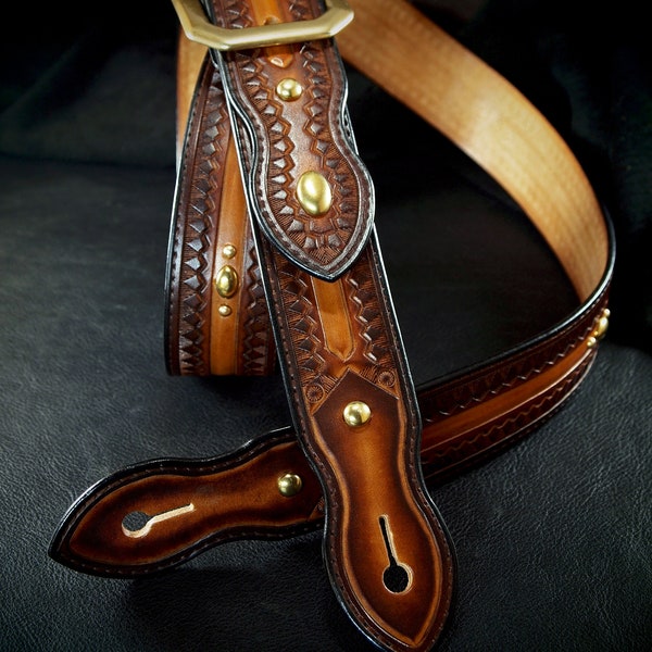 Sunburst Brown Leather Guitar Strap : Cowboy Rockstar Vintage Style. Handmade in USA by Freddie Matara!