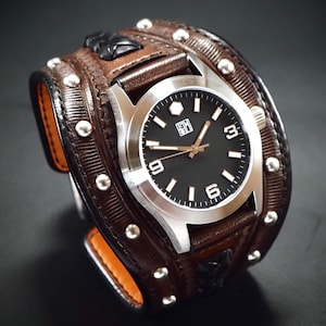 Handstitched Brown Leather Cuff Watch: FM Hex, Studded & Laced