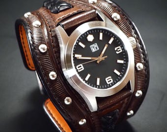 Handstitched Brown Leather Cuff Watch: FM Hex, Studded & Laced