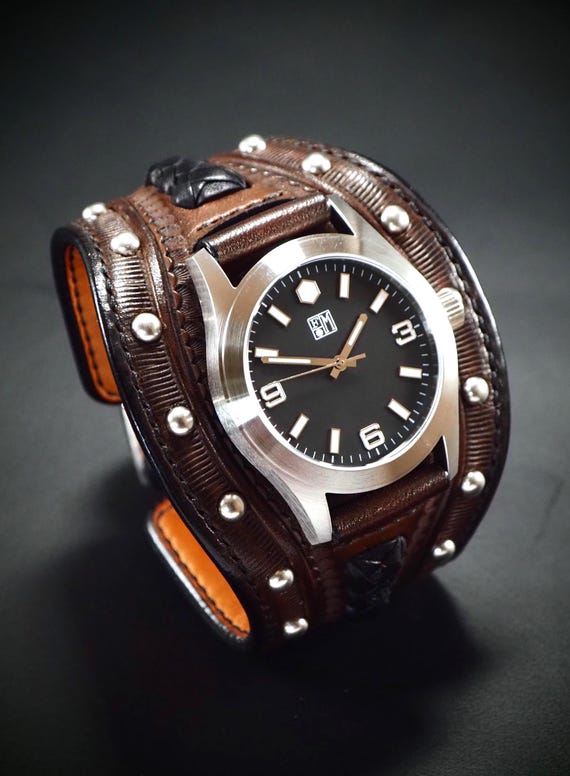 Brown Leather Studded Watch Rugged Elegance: Men main image 3