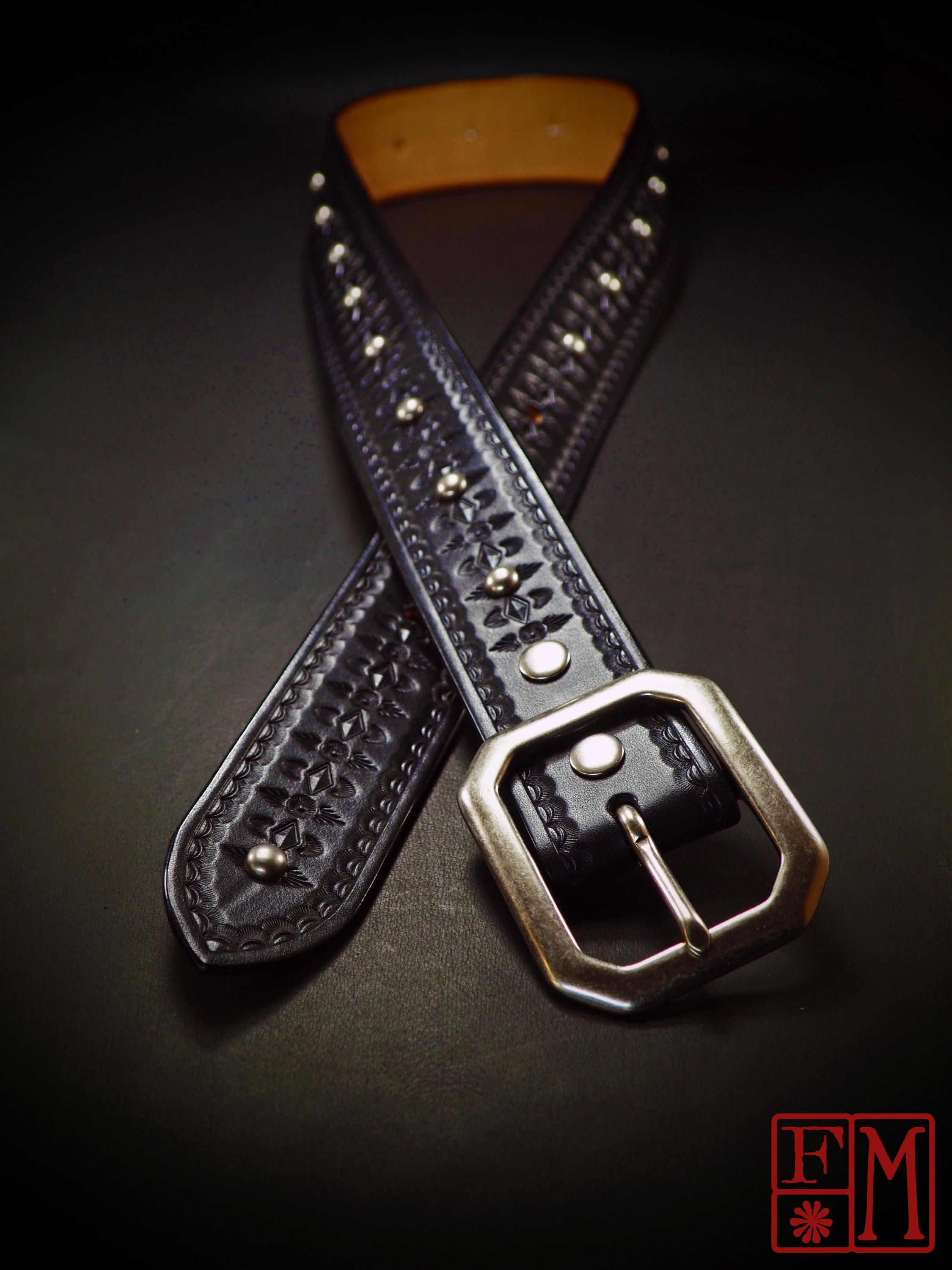 Black Leather Studded Belt: Hand Tooled Vintage Style Modern 