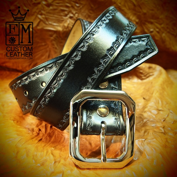 Black Leather Belt : Hand Tooled Black Western/ Native border. Custom made for YOU in New York!