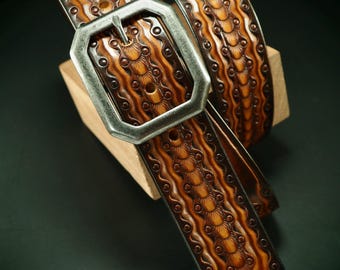 Handmade sunburst Leather Belt: 1.5" Tooled FM Fluid Pattern, antique nickel Buckle