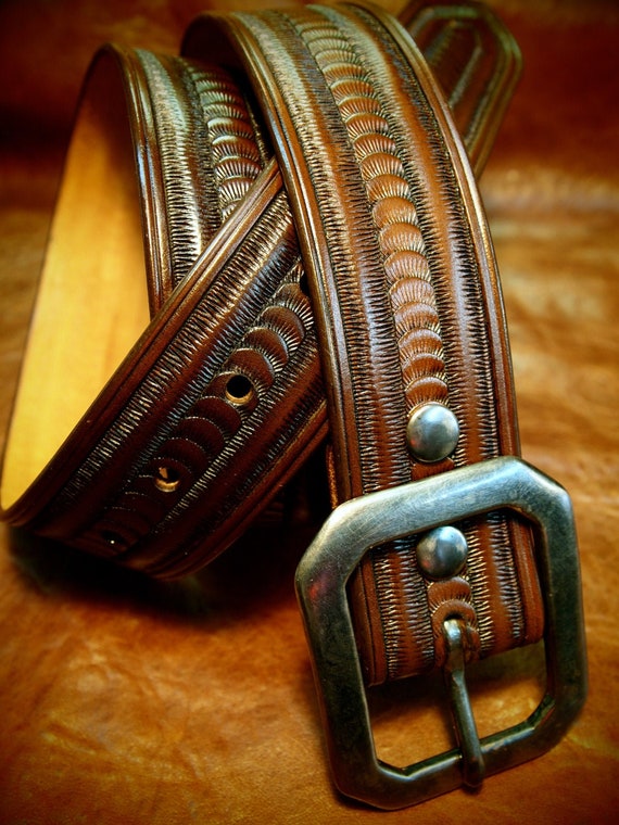 Brown Leather belt : Hand tooled and stamped with a Rich Walnut finish! Custom sized for You!