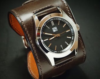 Chocolate brown Leather Cuff Watch: Veg-Tan Vintage Style