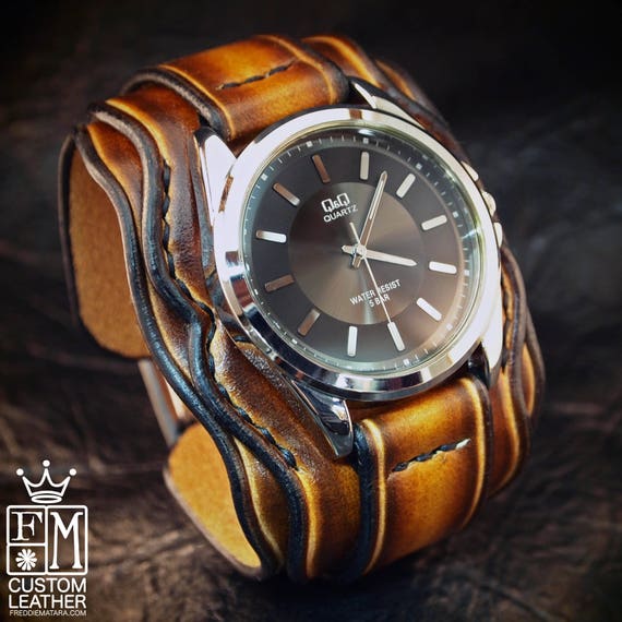 Leather cuff watch western sunburst wide layered Brown watch band cuff Bracelet Handmade for YOU in USA by Freddie Matara