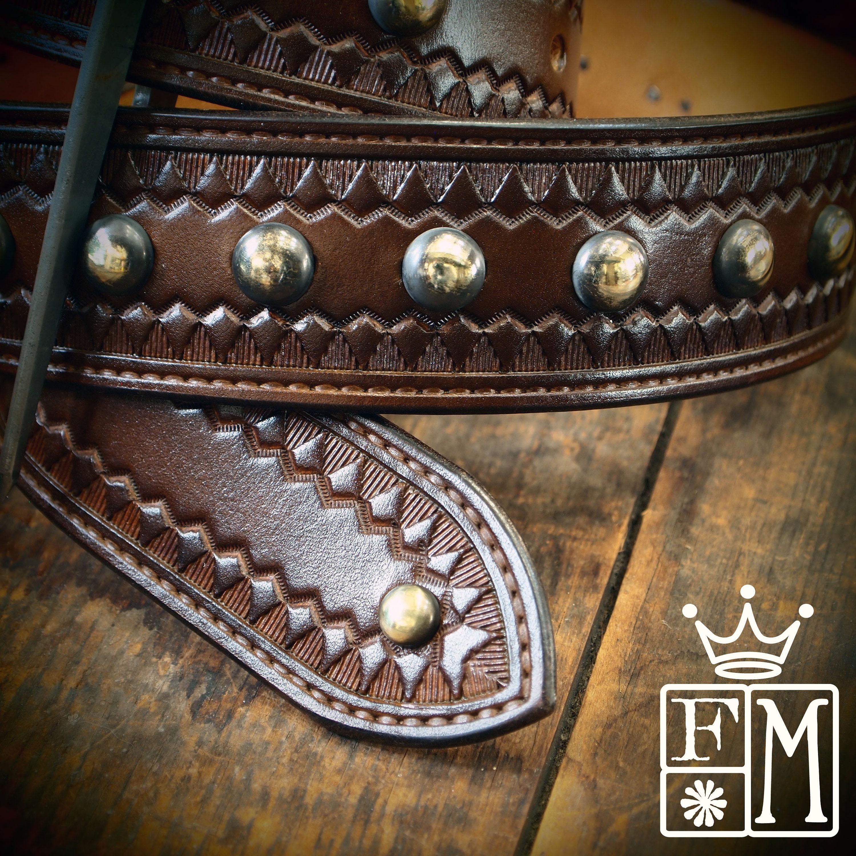 Brown Leather Studded Belt: Hand Tooled Vintage Style Modern Brown Leather Studded Belt: Hand Tooled Vintage Style Modern