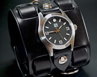 Black Leather cuff watch: Elvis 68 comeback special! Wide, Slick vintage style!