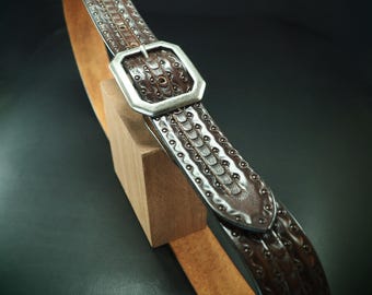 Handmade Brown Leather Belt: 1.5" Tooled FM Fluid Pattern, antique nickel Buckle