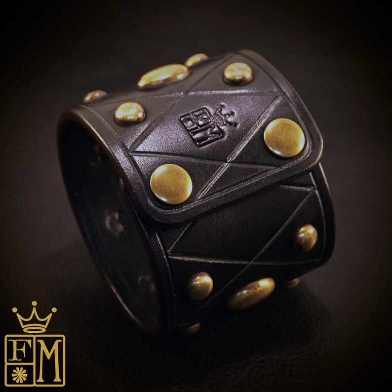 Black Leather Cuff Bracelet Brass Studs and Hardware. Etsy