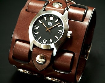 Brown Leather cuff watch: FM style! Wide, Slick vintage!