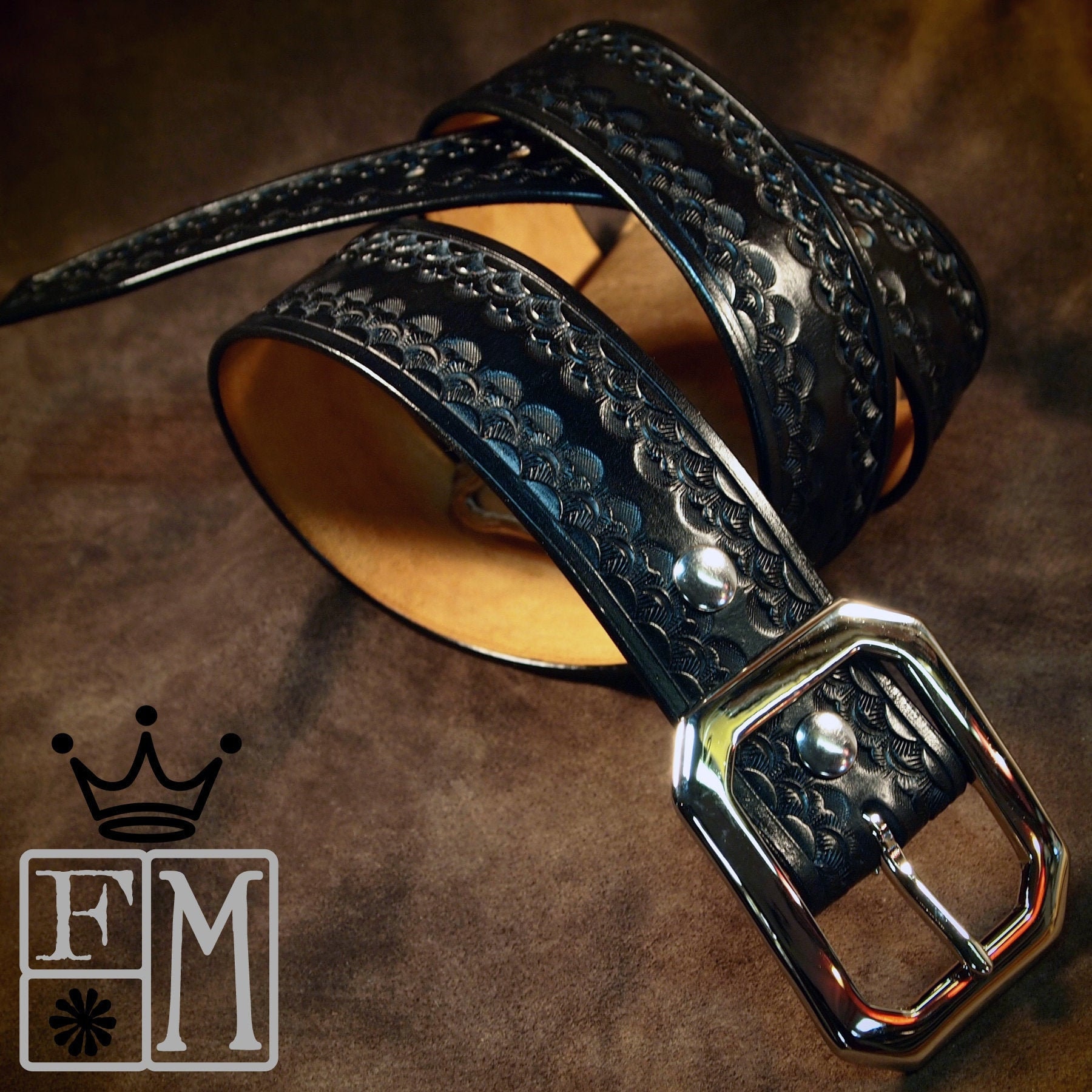 Black Leather Belt : Custom Hand Tooling with unique Stamping pattern. Fine  Vegetable tanned Leather!