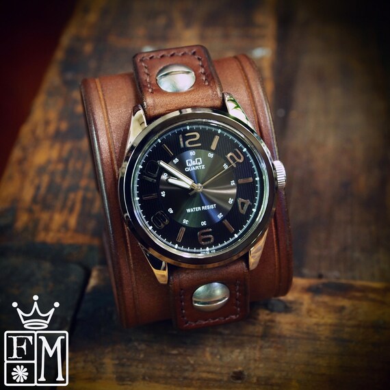 Leather cuff Watch Vintage Brown bridle leather wristband watchband, wrist watch made for YOU in USA by Freddie Matara