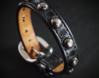 Black Leather bracelet cuff : Lean and Sexy Cowboy western style. Handmade in New York!