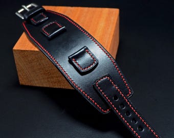 Hand stitched Black Leather Cuff Watchband Red thread: Vegetable Tanned Bridle Leather