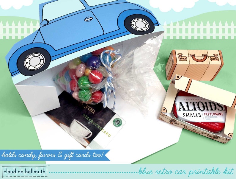 blue retro car cupcake box holds cookies and treats, gift and favor box, party centerpiece printable PDF kit INSTANT download image 4